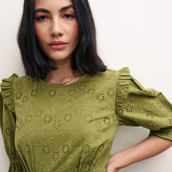 NWT Nobody's Child Olive Green Broderie ORGANIC COTTON Midi Dress - Picture 3 of 8